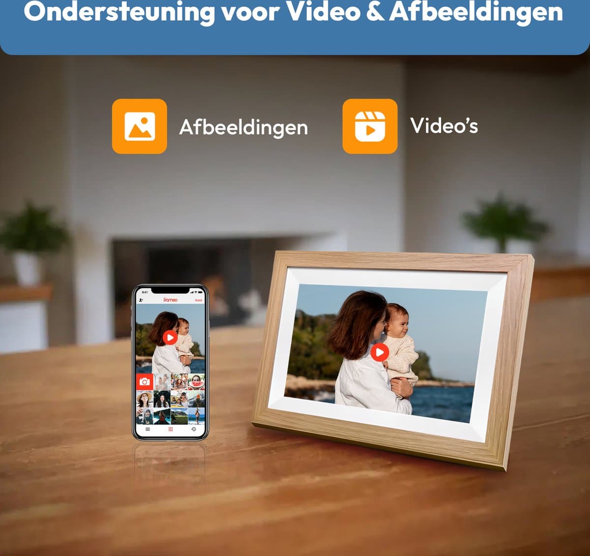 Digitale fotolijst met WiFi en Frameo App - 10.1 inch HD+ IPS Display - Fotokader met Touchscreen - 32GB - Bruin/Wit - Frameo digitale fotolijst - digitale fotokader - digitaal fotolijstje thumbnail 5