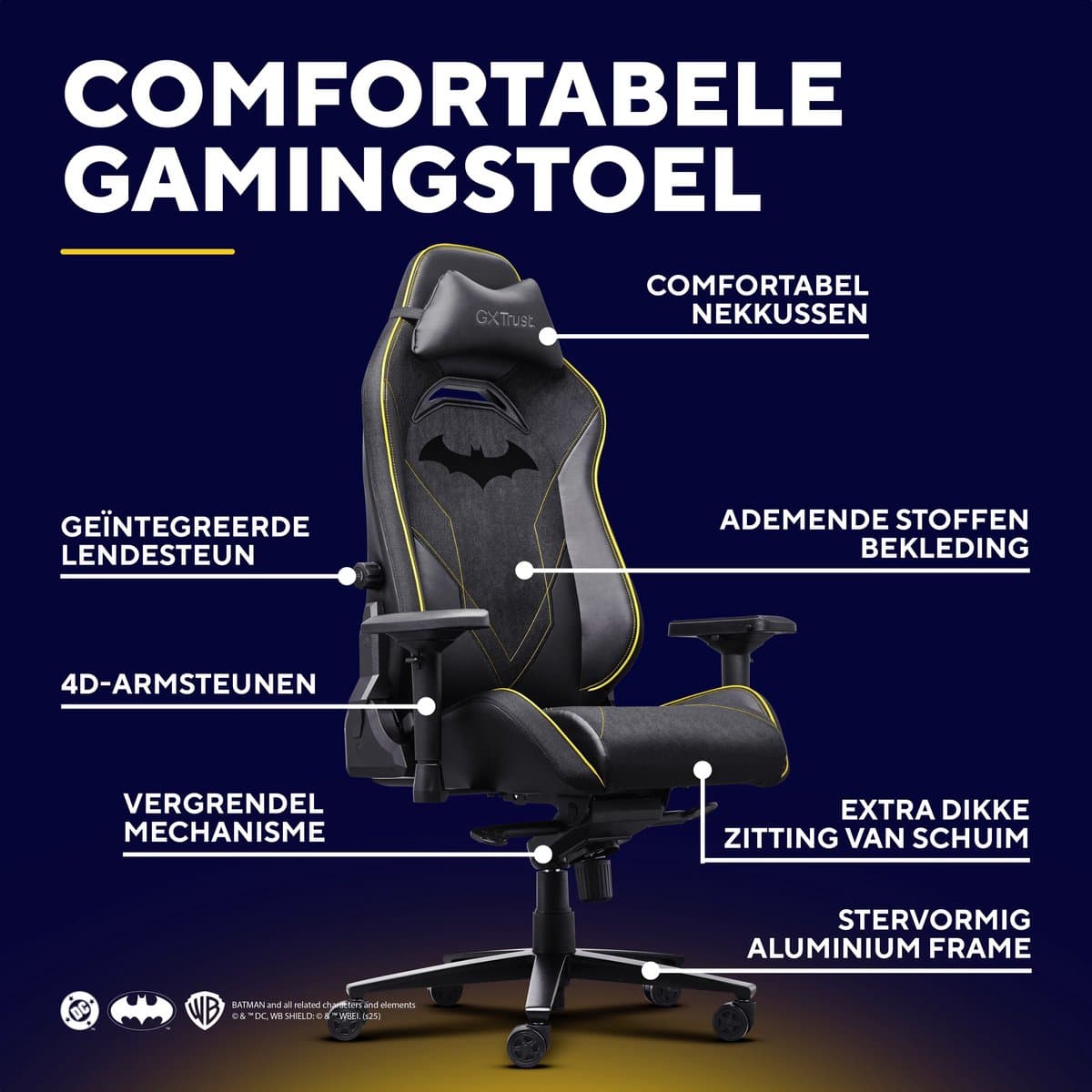 Trust GXT 721BM Ruya Pro Batman Editie - Premium Gaming Stoel - Gamestoel - Nekkussen - Verstelbare Rug Ondersteuning - Hoogte Verstelbaar - Rug- & Armleuningen Verstelbaar - Batman Zwart thumbnail 2