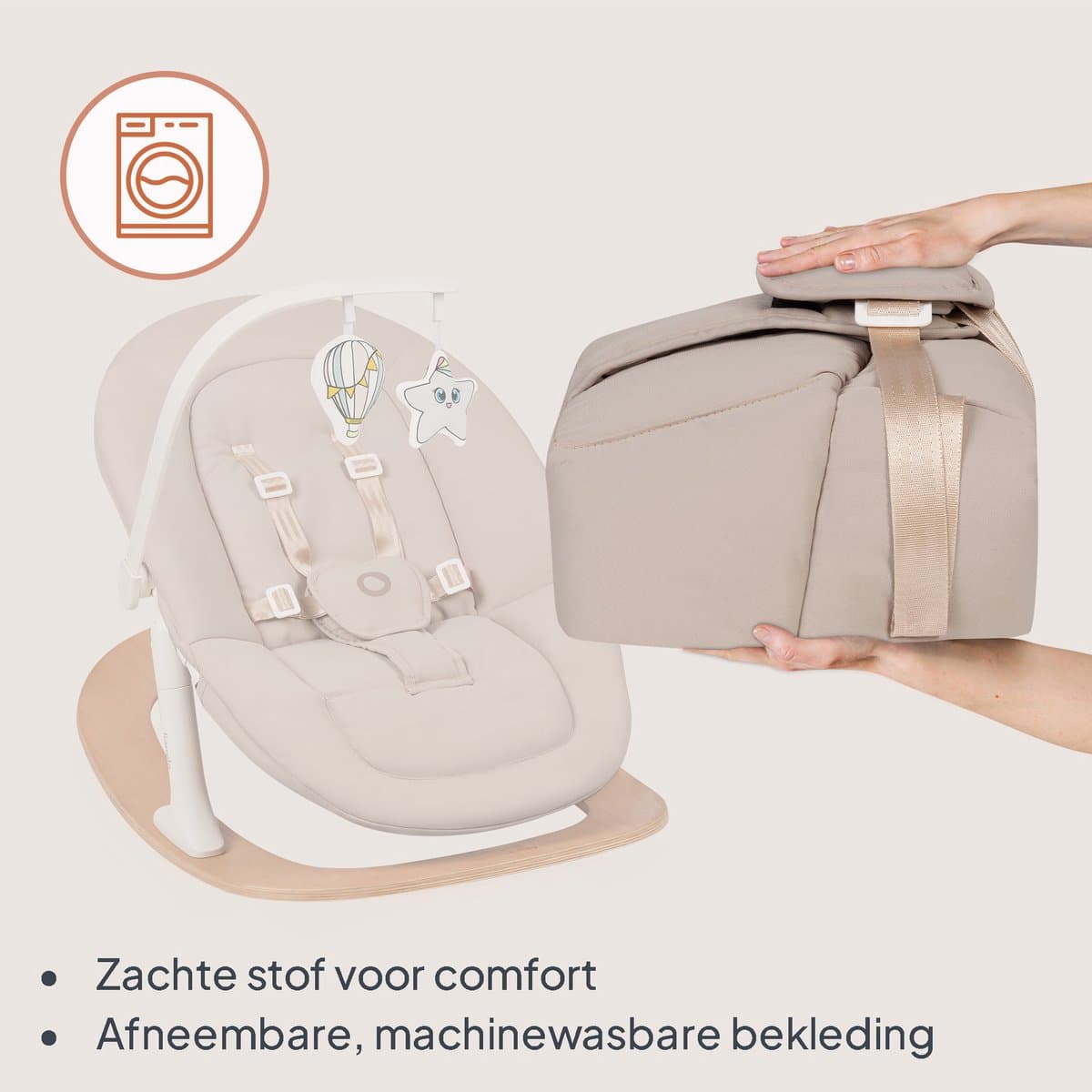 Lionelo Celia Rocker - Wipstoel Baby - Houten - 2 rugstanden - 5-puntsgordel - Speelboog met 2 speeltjes - Wood - Bouncer / Swing thumbnail 4