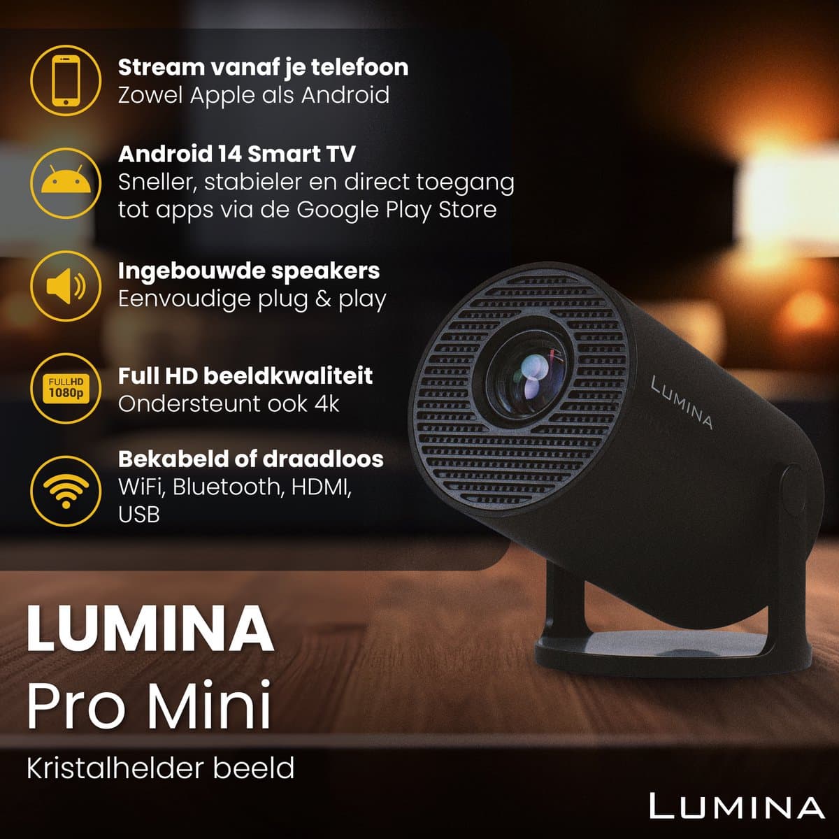 Lumina® Pro Mini Beamer 2026 – Android 14 Smart Projector met Google Playstore – Thuisbioscoop – Voor iOS & Android – WiFi 6 & Bluetooth 5.4 – Zwart thumbnail 8