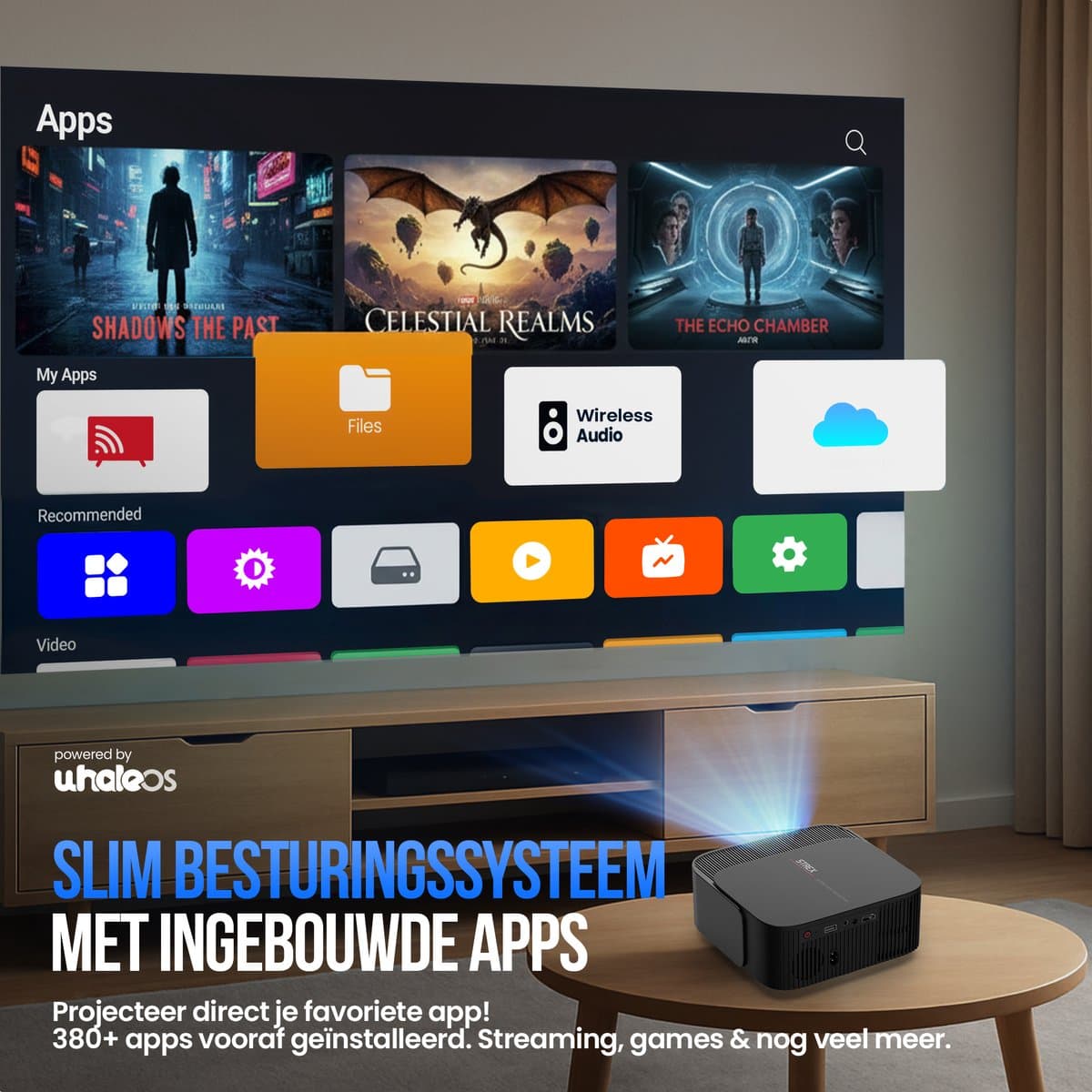 Strex Beamer - Smart 1080P Full HD Projector - 4K Ondersteuning - WiFi & Bluetooth - Ingebouwde Speakers - Draagbare Mini Beamer Thuisbioscoop - WhaleOS - Inclusief Opbergtas & Projectiescherm thumbnail 3