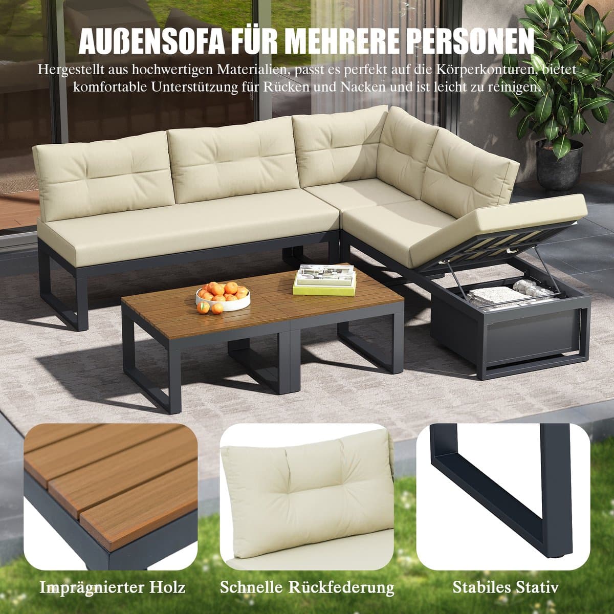 Sweiko Tuin loungeset - Hoekbank + salontafel - Verstelbare rugleuning - Met kussens - Opbergruimte - Beige thumbnail 3