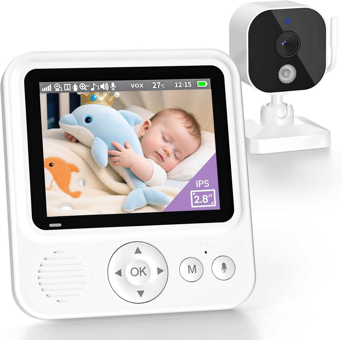 Babyfoon met camera 720p IPS-video, babyfoon zonder wifi, 2000mAh-batterij, VOX-modus, nachtzicht, temperatuuralarm, intercomfunctie, digitale zoom, 8 slaapliedjes en 5 wekkers. - afbeelding 1