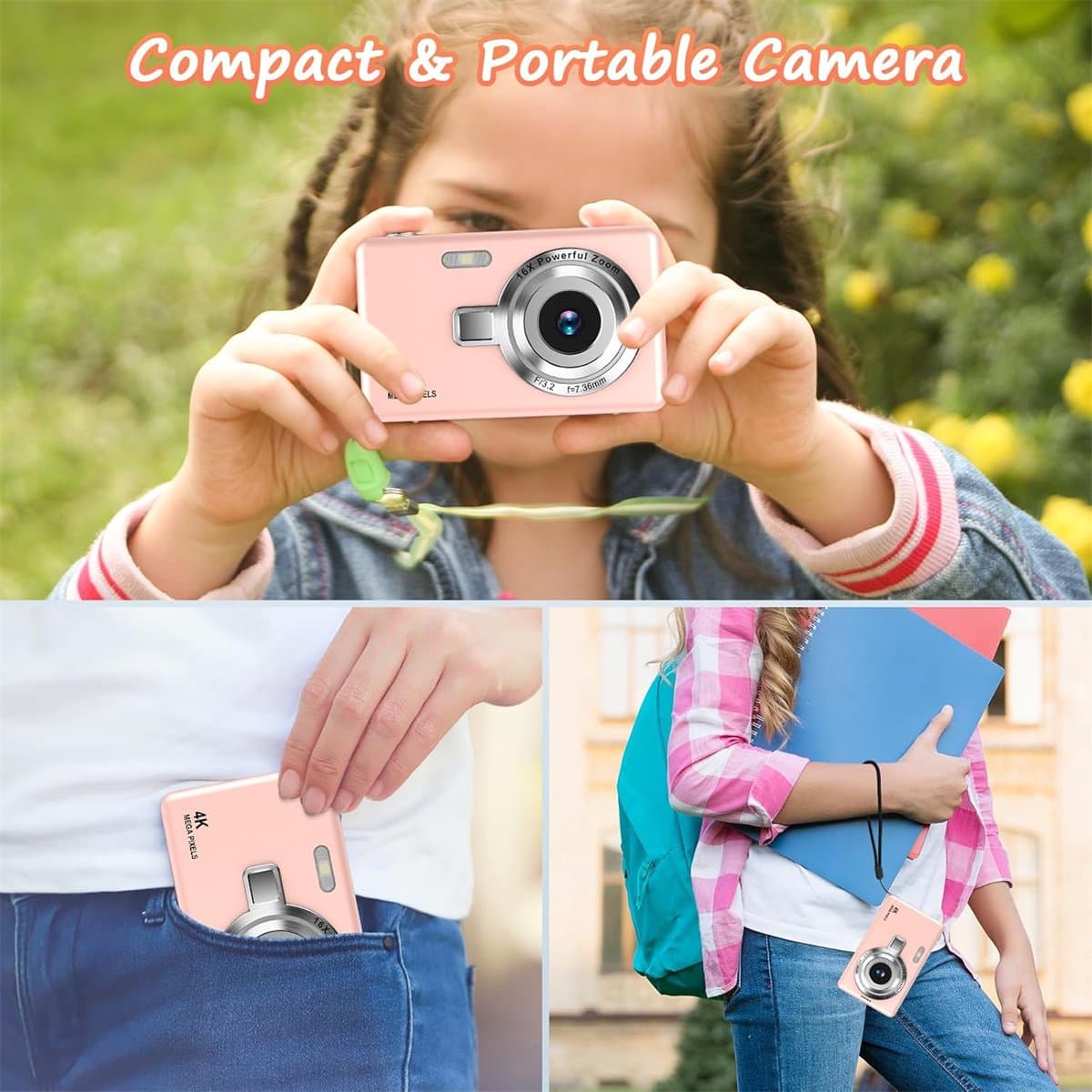 carmdering - Digitale Camera- 2,4 inch LCD-scherm - 4K Ultra HD CCD digitale camera - mini compacte point-and-shoot camera voor beginners, studenten, thuisfotografie en reizen (roze) thumbnail 5