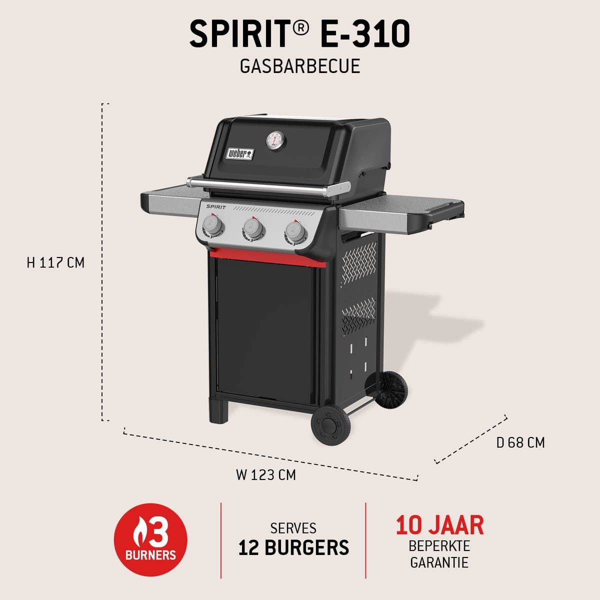 Weber Spirit E-310 - Gasbarbecue - Zwart - 3 Branders met 7,8 kW vermogen - Porselein geëmailleerde gietijzeren grillrooster - 2 Zijtafels - 2 Duurzame wielen - Kast met deur thumbnail 2