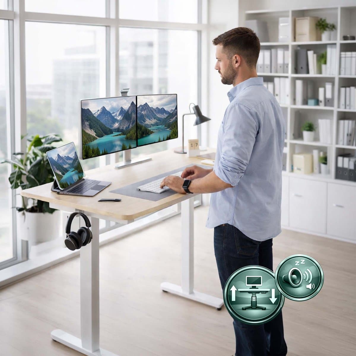Zit sta bureau - 120 x 60 cm - hoogte verstelbaar - natuur-wit thumbnail 5