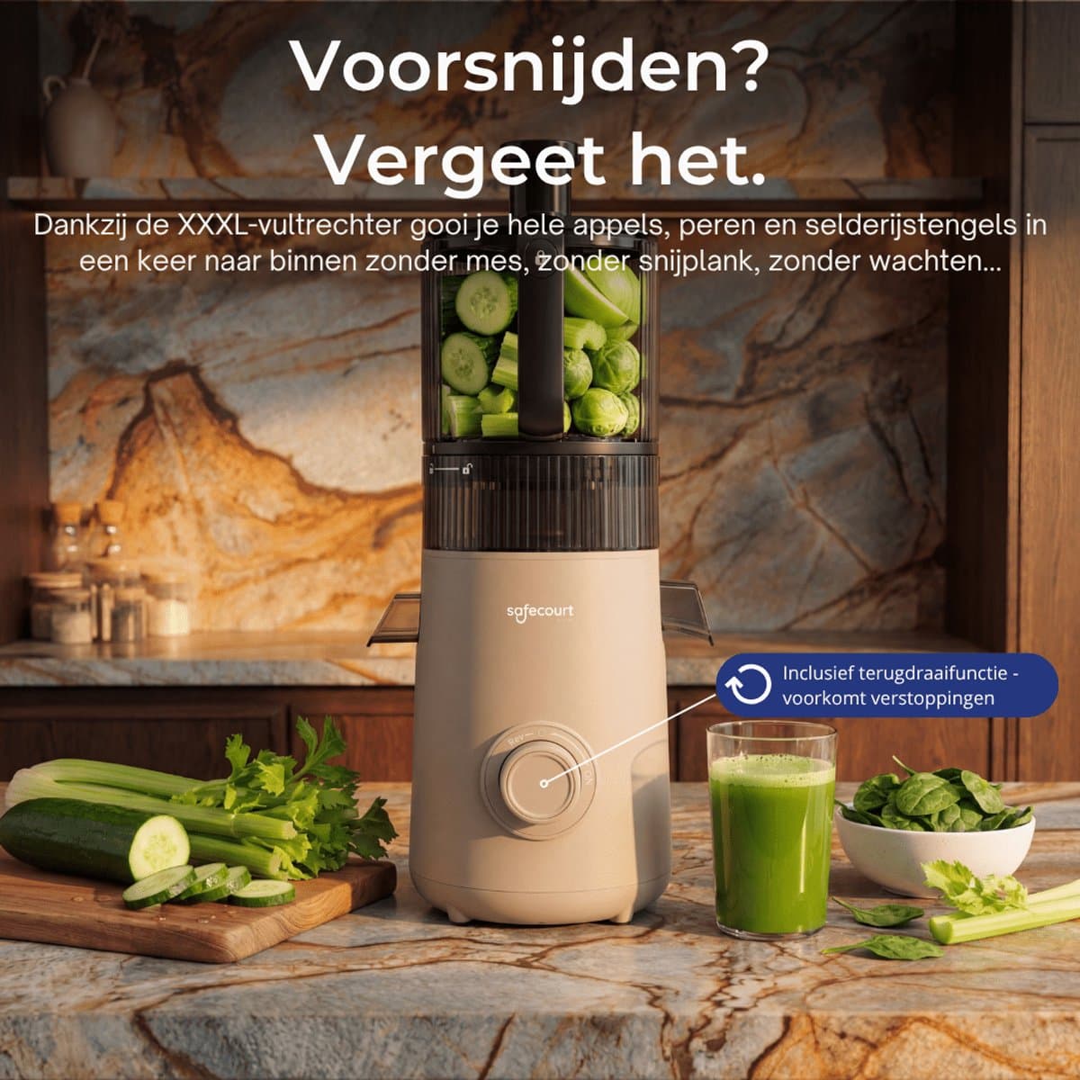 Safecourt Kitchen Slow Juicer XXL - krachtige motor [Pre-cutter & Cold-press technologie] - eenvoudige reiniging - BPA-vrij - sapcentrifuge Beige thumbnail 4