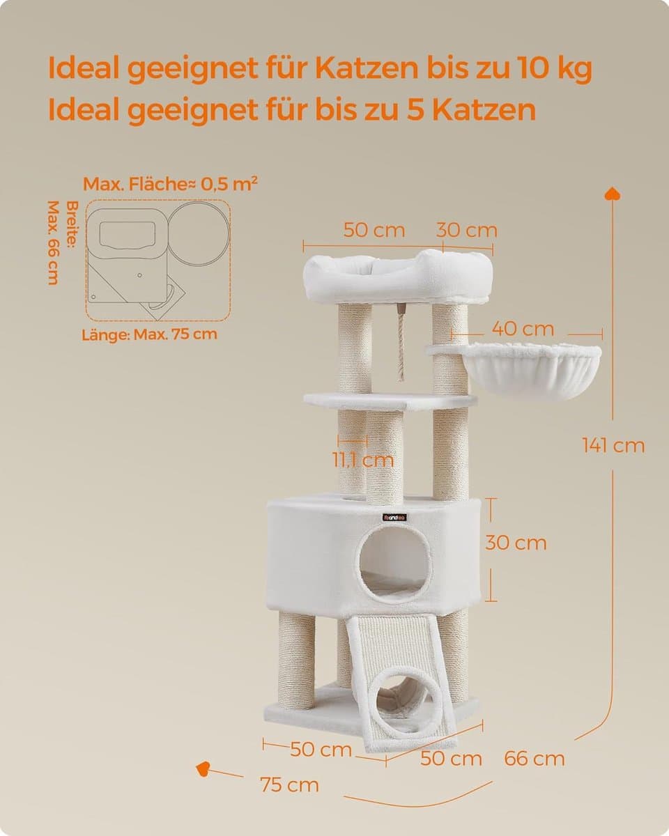 Feandrea PCT002T01 Krabpaal, groot, M, kattenboom, holletje, hangmat, pluchen platform, tunnel, sisalstammen, krabplank, 50 x 50 x 141 cm, crèmewit thumbnail 2