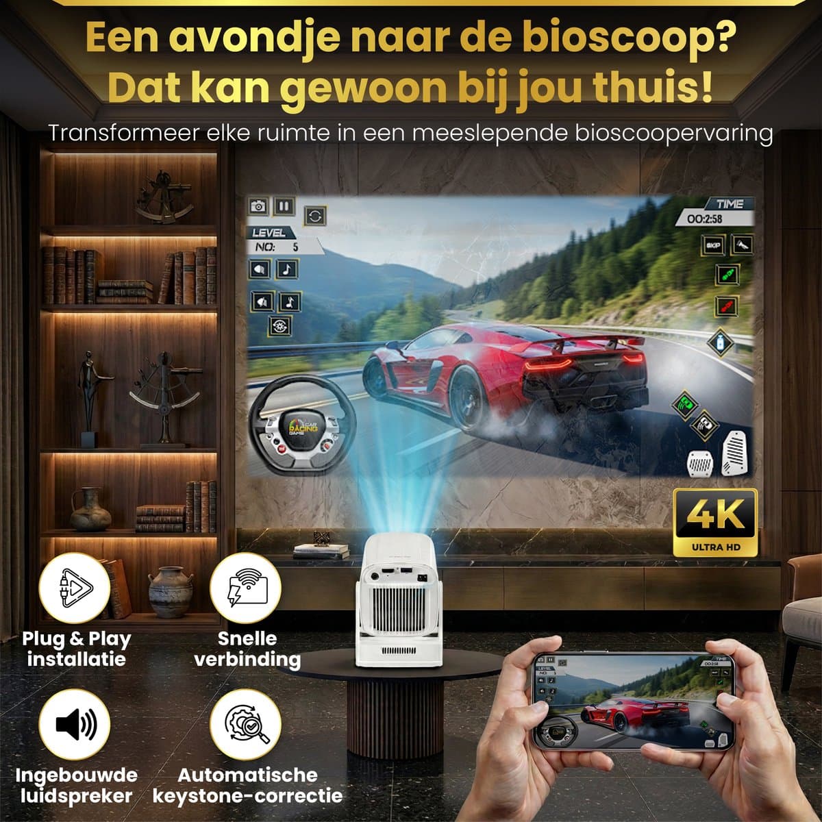 Cahaya Nova - Mini Beamer - 4K ondersteuning - mini projector - draagbare beamer - projector / beamer - Geïntegreerd Android 12.0 systeem - Screen mirroring smartphone - Home cinema thumbnail 2