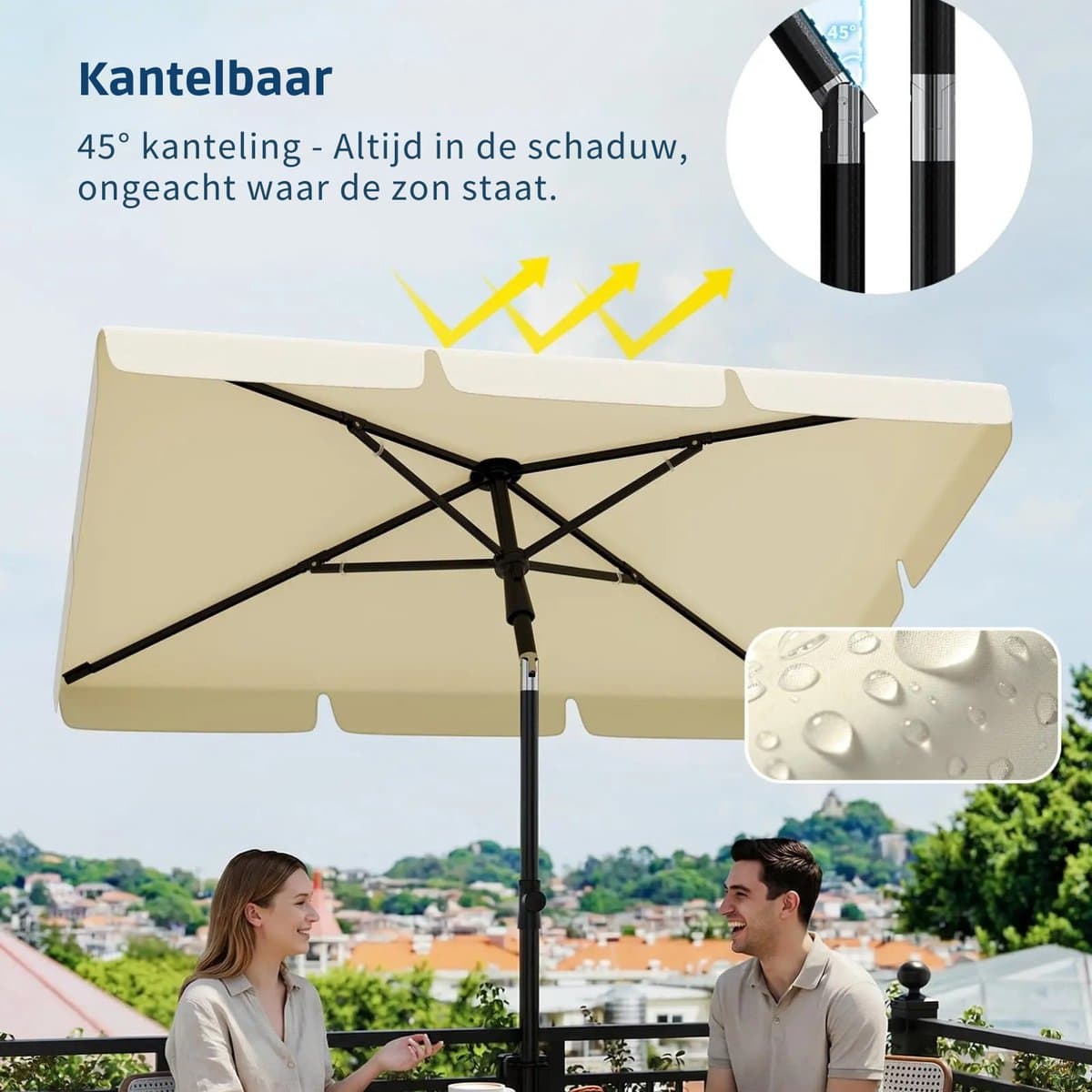 Rolu Balkon Parasol – Parasol – 200 x 125 CM – UV50+ - Kantelbaar – Verstelbare Hoogte – Ruimtebesparend - Beige thumbnail 3