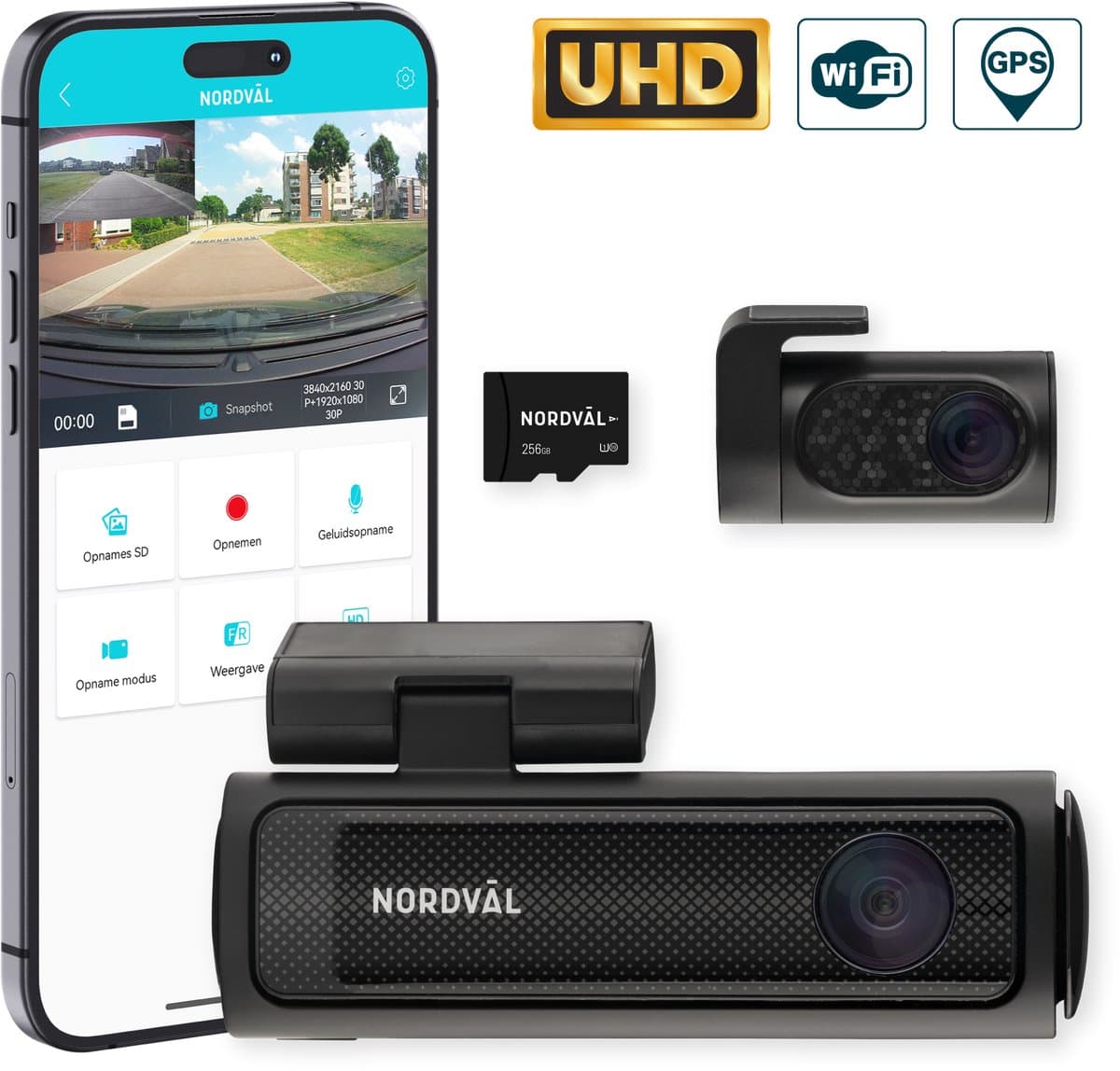Nordväl DC202-2CH Dashcam – Incl. 256GB SD Kaart – 4K Ultra HD voor en 2K QHD achter – Wifi – GPS – Parkeermodus – Dashcam voor auto – Auto Camera