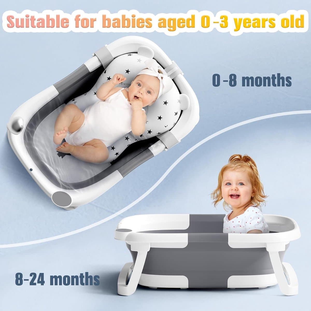 Opvouwbare babybadkuip – draagbaar bad voor pasgeborenen en peuters Met antislipmat en afvoergat, licht en ruimtebesparend. Zonder thermometer. Kleur: grijs. thumbnail 4