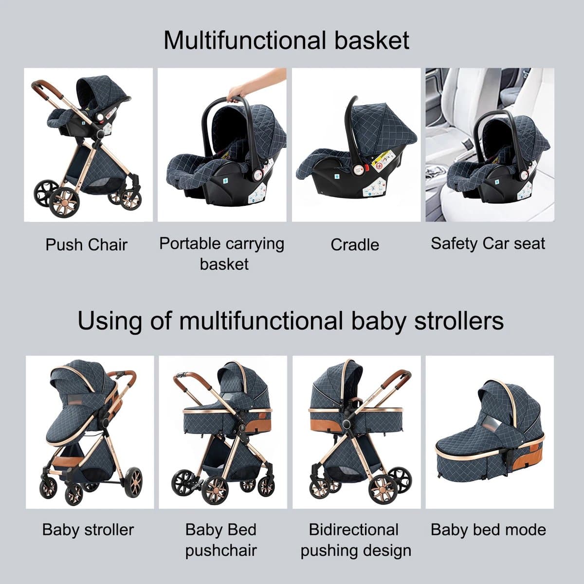 Kinderwagen Reis Systeem - 3-in-1 Kinderwagen - Veilig Vervoer - Lichtgewicht Aluminium Frame - Vanaf Geboorte - Khaki thumbnail 8