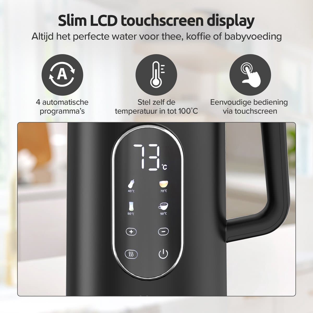 Olvy Waterkoker met Temperatuurregeling - Warmhoudfunctie - RVS - Dubbelwandig - Elektrisch - 1.7 Liter - 2200W - Zwart thumbnail 7