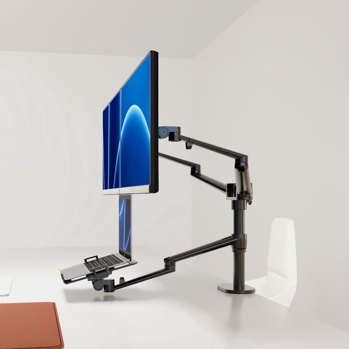 Alberenz® Dubbele Monitor Arm met Laptop Standaard zwart - Monitor beugel voor 2 schermen - Monitorbeugel - Ergonomisch ontwerp - Laptopstandaard thumbnail 5