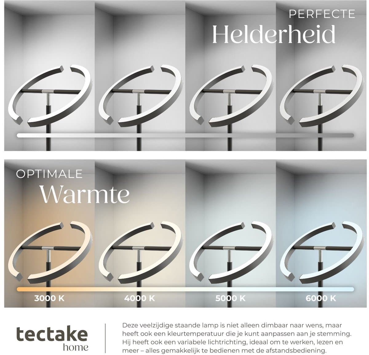 tectake® LED-Vloerlamp - Dimbare vloerlamp - Booglamp - Vloerlamp met leeslicht en afstandsbediening - Sfeerlicht voor woonkamer, slaapkamer, nachtkastje - Leeslamp of bureaulamp - Zwart thumbnail 4