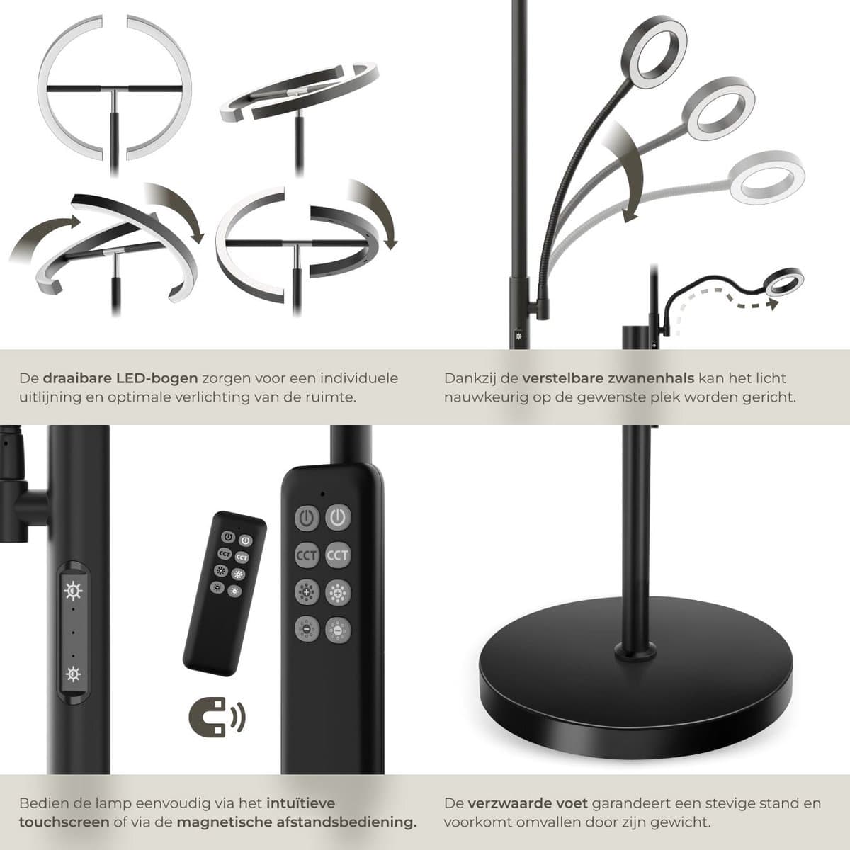 tectake® LED-Vloerlamp - Dimbare vloerlamp - Booglamp - Vloerlamp met leeslicht en afstandsbediening - Sfeerlicht voor woonkamer, slaapkamer, nachtkastje - Leeslamp of bureaulamp - Zwart thumbnail 5