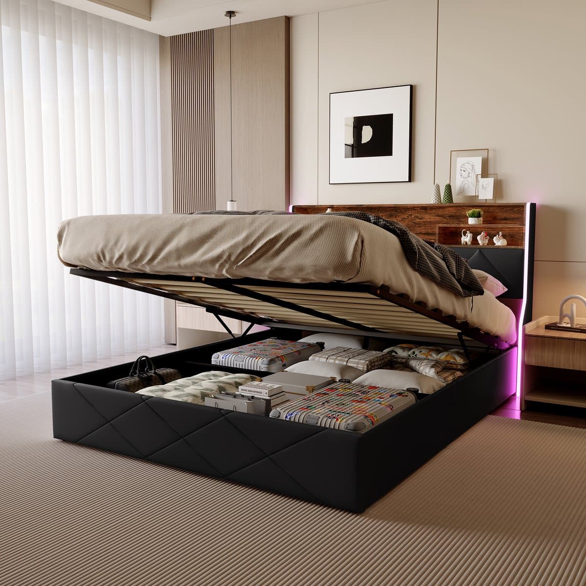 Zwart PU Tweepersoonsbed 160x200 cm – LED Hydraulisch Opbergbed met USB & Type-C, Hoofdbord met Opbergruimte thumbnail 6