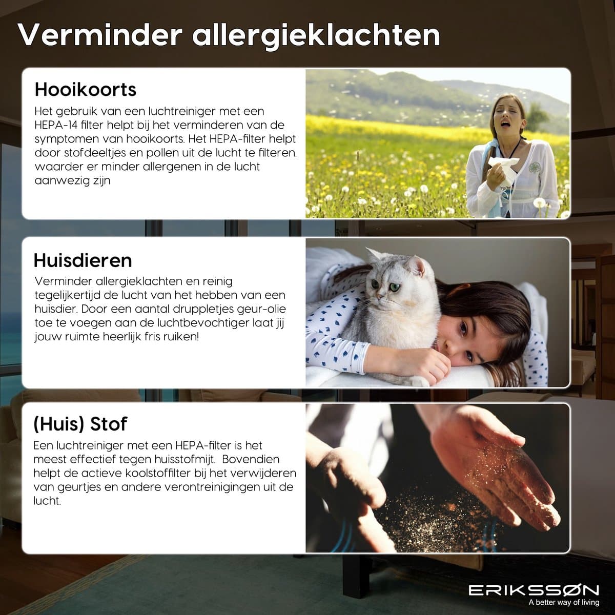 Erikssøn Luchtreiniger Prime - Wit - 70 m3/u - Vermindert Stof En Pollen - Met Hepa Filter - Air Purifier thumbnail 5
