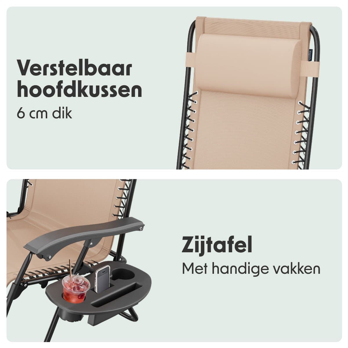 LifeGoods Opvouwbare Tuinstoelen - 2 Stuks - Ligstoel Tuin - 30°-90° Verstelbaar - Metaal - Beige thumbnail 3