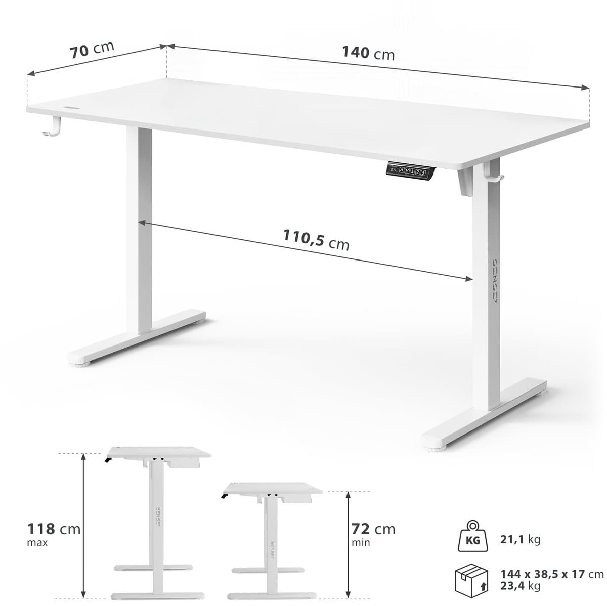 SENSE7 NOJO LIGHT - Zit Sta Bureau - 140 cm x 70 cm - Elektrisch bureau - Verstelbare bureau - Elektrische Hoogteverstelling - Hoogte 72-118 cm - Intelligent Bedieningspaneel - Wit thumbnail 7