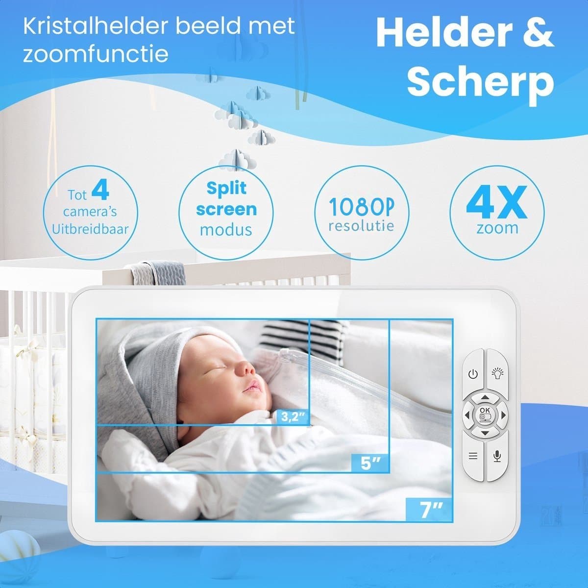 Zevio XL Elite Babyfoon met 2 Camera's en Groot 7 Inch HD Baby Monitor - met Slimme Functies - Uitbreidbaar - Baby Camera - Inclusief Flexibele Houders thumbnail 6