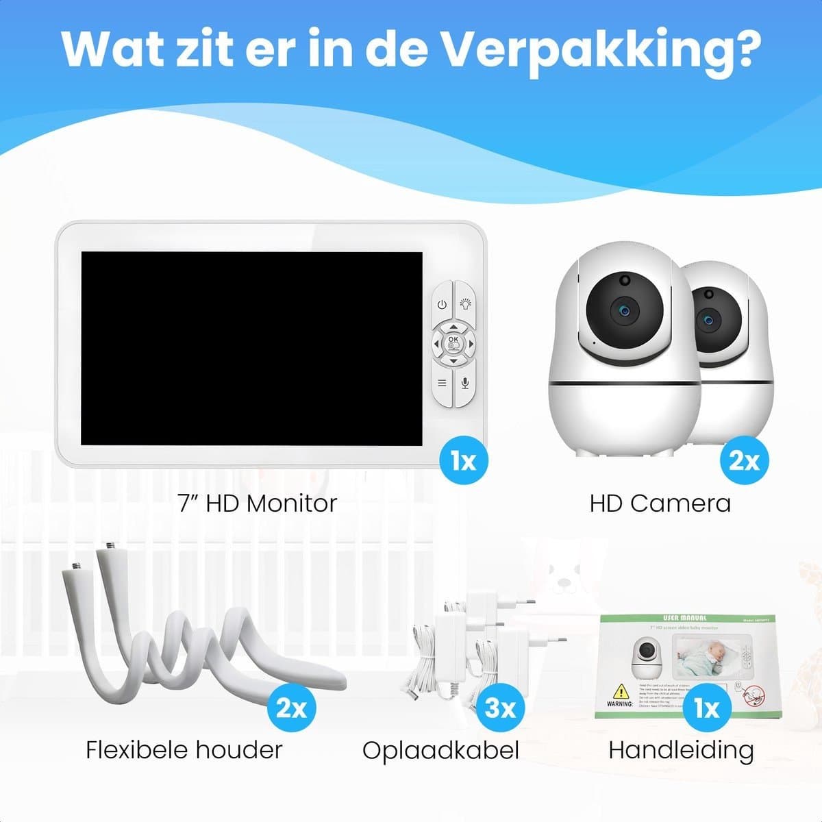 Zevio XL Elite Babyfoon met 2 Camera's en Groot 7 Inch HD Baby Monitor - met Slimme Functies - Uitbreidbaar - Baby Camera - Inclusief Flexibele Houders thumbnail 8