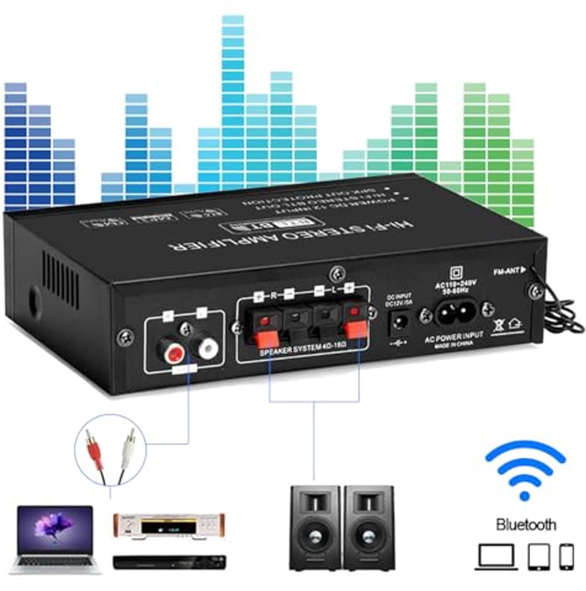 AK45 HiFi Amplifier, Bluetooth 5.0, Mini Bluetooth Stereo, Hi-Fi Stereo, Audio Amplifier with USB/MIC/FM/TF Audio Amplifier with Bass Treble Tuner, Digital Remote Control, for Home or Car thumbnail 2