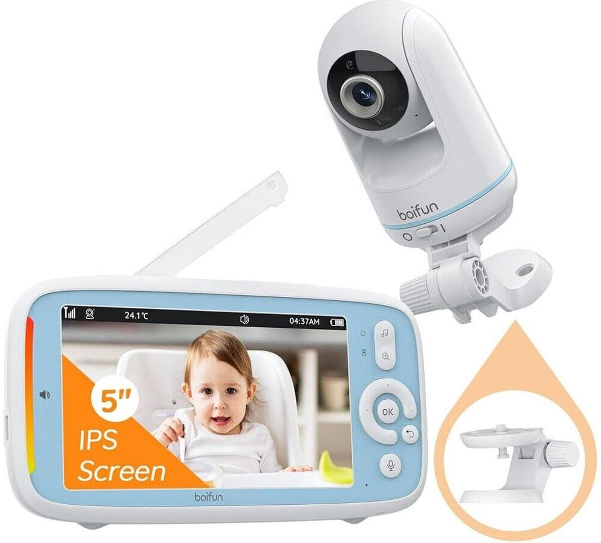 BOIFUN Video Babyfoon, 5-inch 720P IPS Full Color Scherm, 360 Camera, ECO-modus, 3050mAh Batterij, Geen Wifi, Nachtzicht, Tweerichtingsaudio, Voedingsherinnering, Temperatuursensor, Slaapliedjes thumbnail 4
