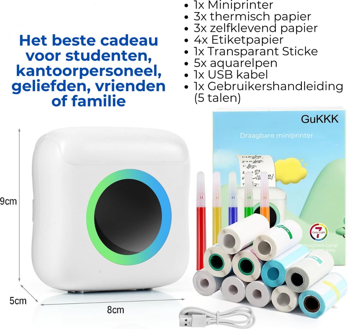 Mini Printer – Inclusief Thermisch/Zelfklevend/Etiket-Papier, USB-kabel, Aquarelpen, Transparant Sticke – Foto Printer Draadloos – Mobiele Fotoprinter - Wit thumbnail 2