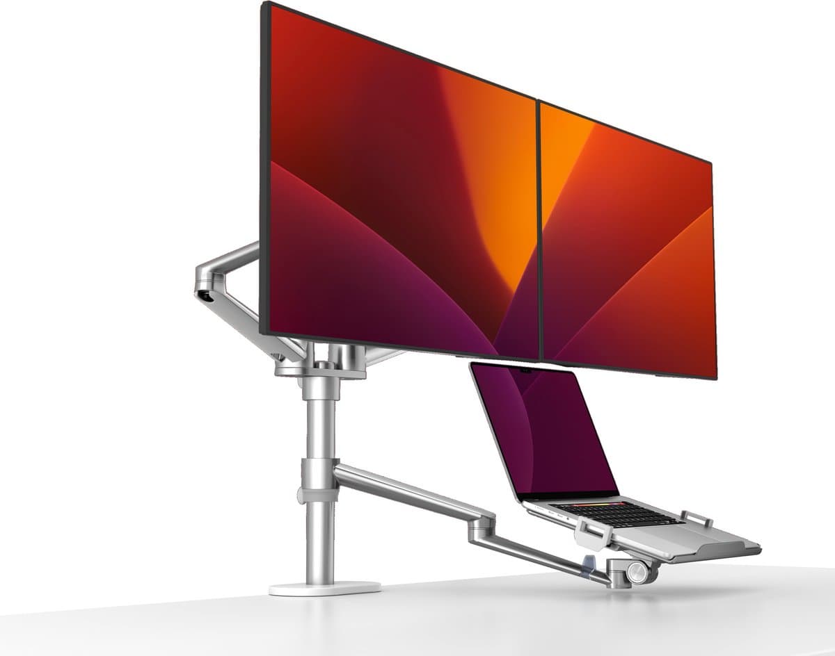 Alberenz® Dubbele Monitor Arm met Laptop Standaard zilver - Monitor beugel voor 2 schermen - Monitorbeugel - Ergonomisch ontwerp - Laptopstandaard