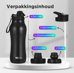 Productfoto van Blikkie Premium RVS sportfles 1 liter met rietje en 3 doppen