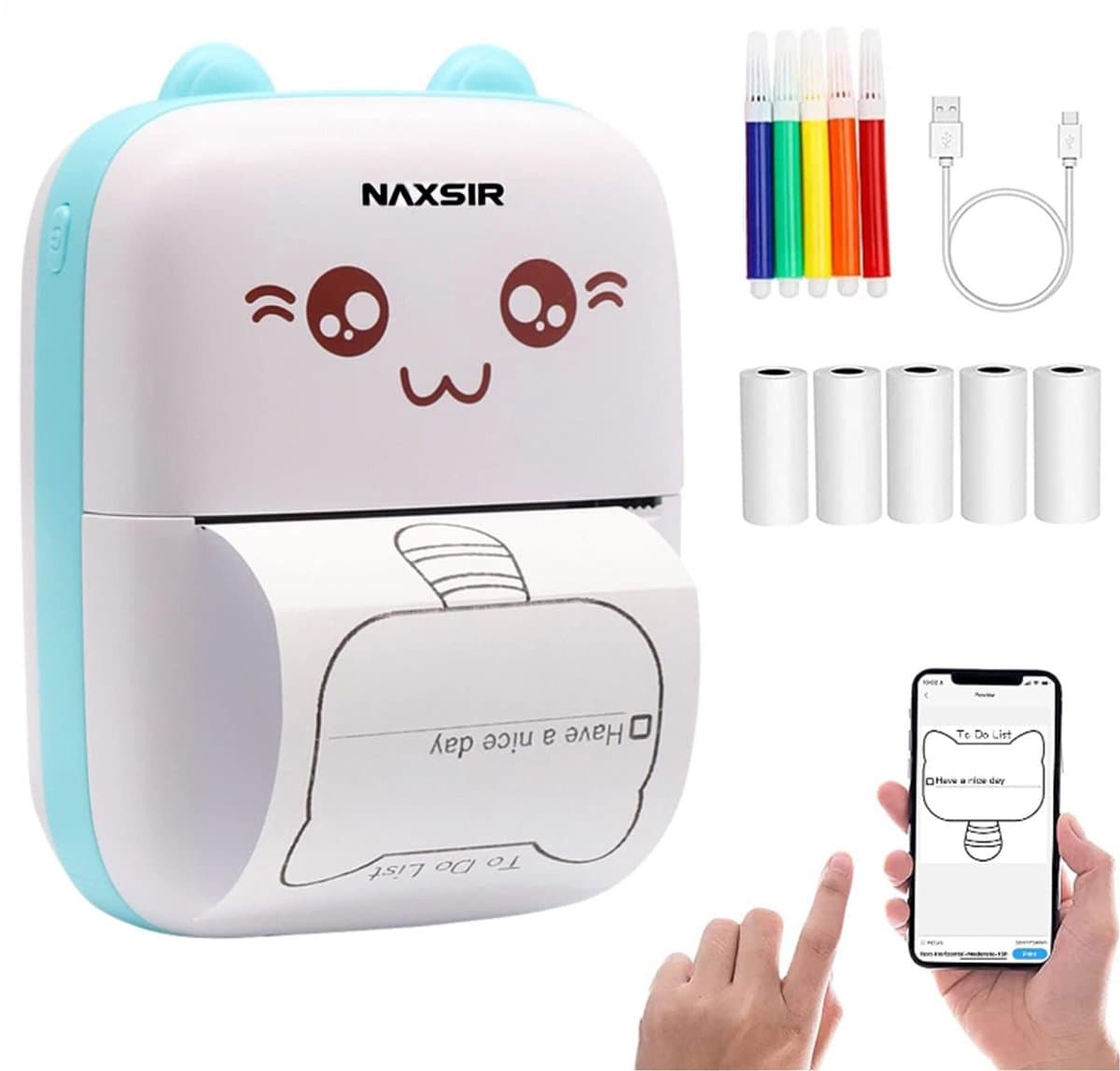 NAXSIR Draadloze Bluetooth Thermische Miniprinter - Multifunctioneel met 5 * Printerpapier en 5 Kleurrijke Pennetjes - Ideaal voor Foto's, Lijsten & Ontvangstbewijzen-blauw