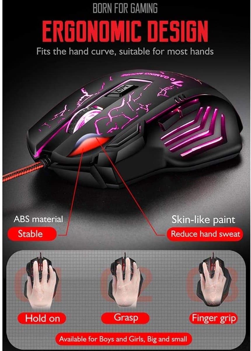 Bedrade Gaming Muis – RGB – Optische USB Computer Muis – 4 DPI Instelbaar tot 2400 – Ergonomisch – 7 Knoppen – Plug & Play – PC & Laptop thumbnail 5