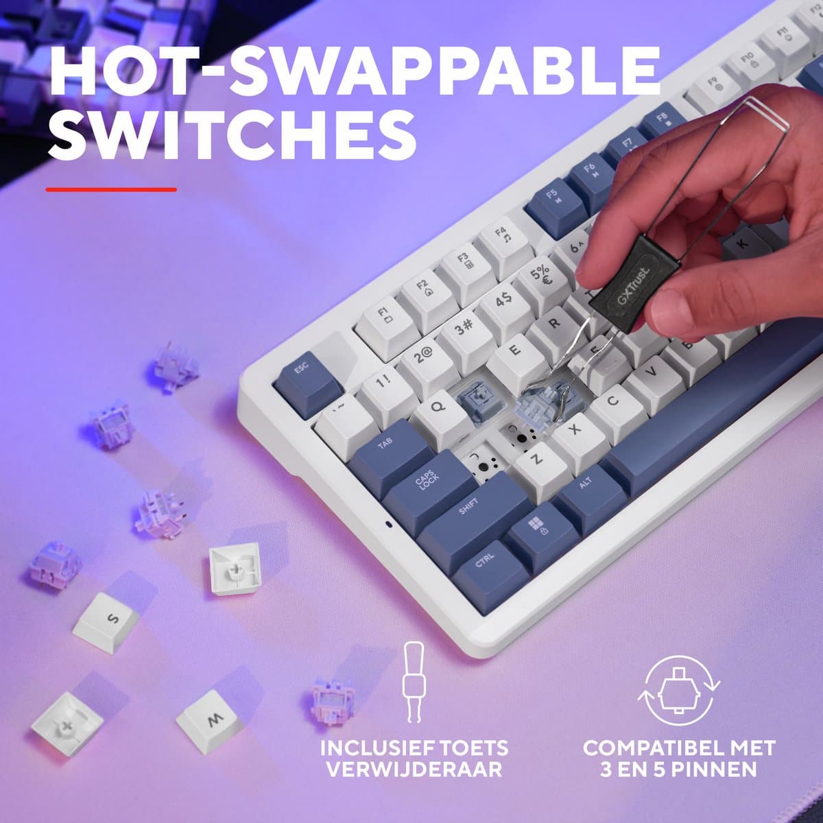Trust GXT 872 Xyra - Gaming Toetsenbord - Mechanisch met Lineaire LEOBOG Seiya Switches - Hot-swappable - TKL - RGB - Bedraad - PC/PS5 - QWERTY US - Wit thumbnail 3