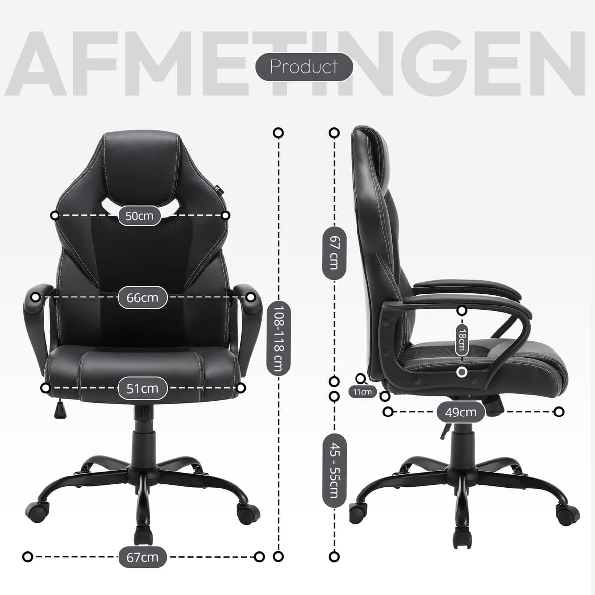 Meisterhome® Ergonomische bureaustoel - Metalen Onderstel - met wieltjes - - Gamestoel – Draaistoel – Wipfunctie – Hoogteverstelling - Gevoerde armleuningen - Executive stoel - Zwart thumbnail 5