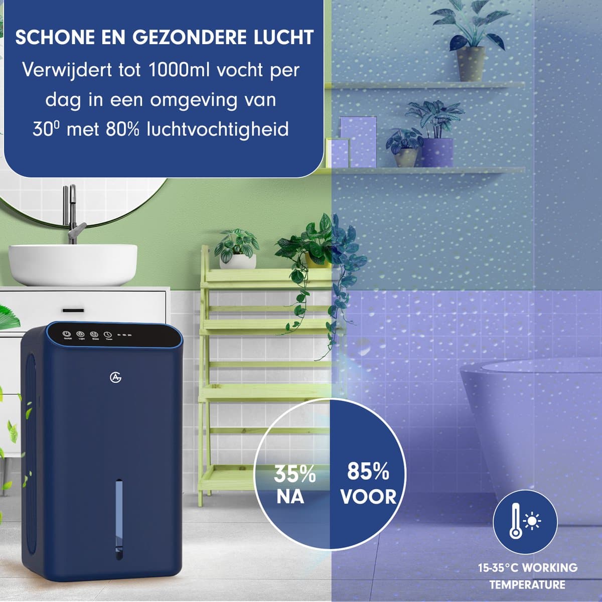 AG Luchtontvochtiger Navy- Luchtreiniger - Dehumidifier - Carbon Filter - Grote watertank 2.5L capaciteit, 750ml/D ontvochtiging, 10-35m2 bereik -energiezuinig, verlichting 7 kleuren - Voor huis, kamer, badkamer & kelder thumbnail 7