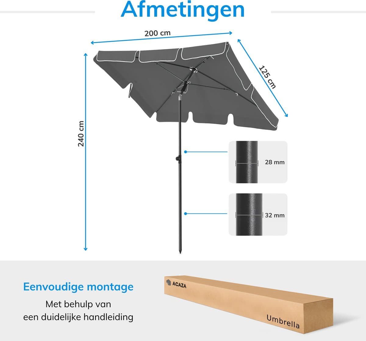ACAZA Parasol - Strandparasol - Grijs - 200 x 125 cm (L x B) - inclusief Draagtas - Rechthoekig - Tuinparasol - Kantelbaar - Waterdicht - Terras Parasol voor Appartement - Parasol Strand thumbnail 4