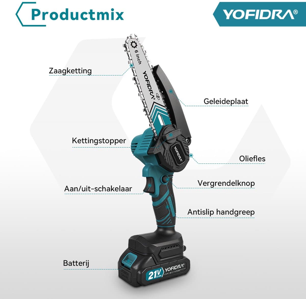 Yofidra Mini kettingzaag - 6 inch kettingzaag- met 2x accu’s - 1000W Heggenschaar - Takkenzaag - voor tuin, boomsnoeien en hout thumbnail 8