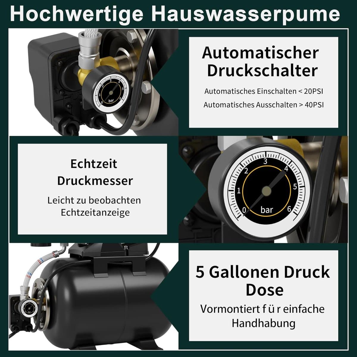 Huiswaterinstallatie Pomp - Automatische Waterpomp - Tuin Sproeien - Roestvrij Staal - 5000 L/U - Groen Zilver thumbnail 5