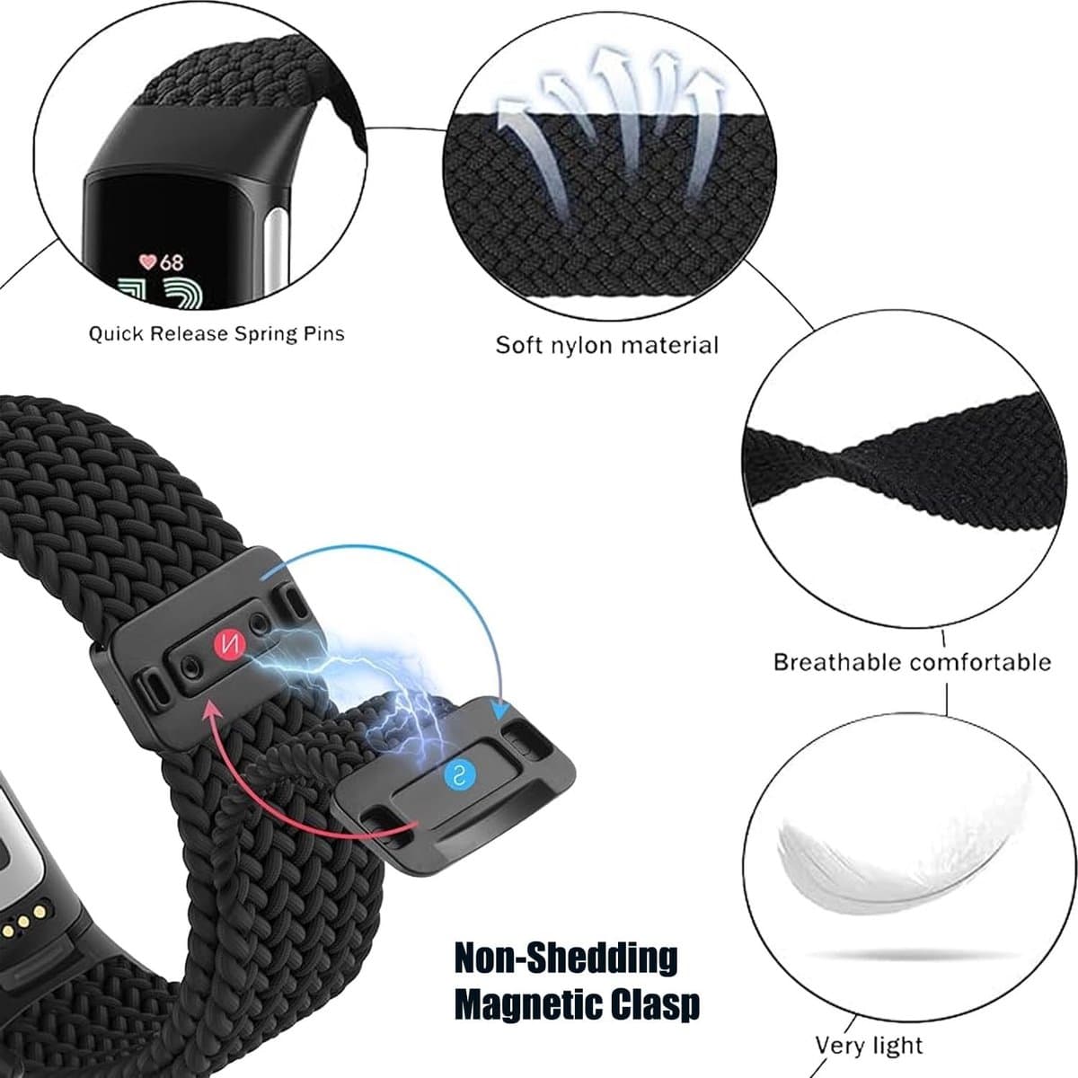 Verstelbare en Comfortabele Nylon Horlogeband voor Fitbit Charge 5 en 6 - Magnetische Stretchy Loop Straps voor Dames en Heren, Ideaal voor Fitness Tracker Gebruik thumbnail 6