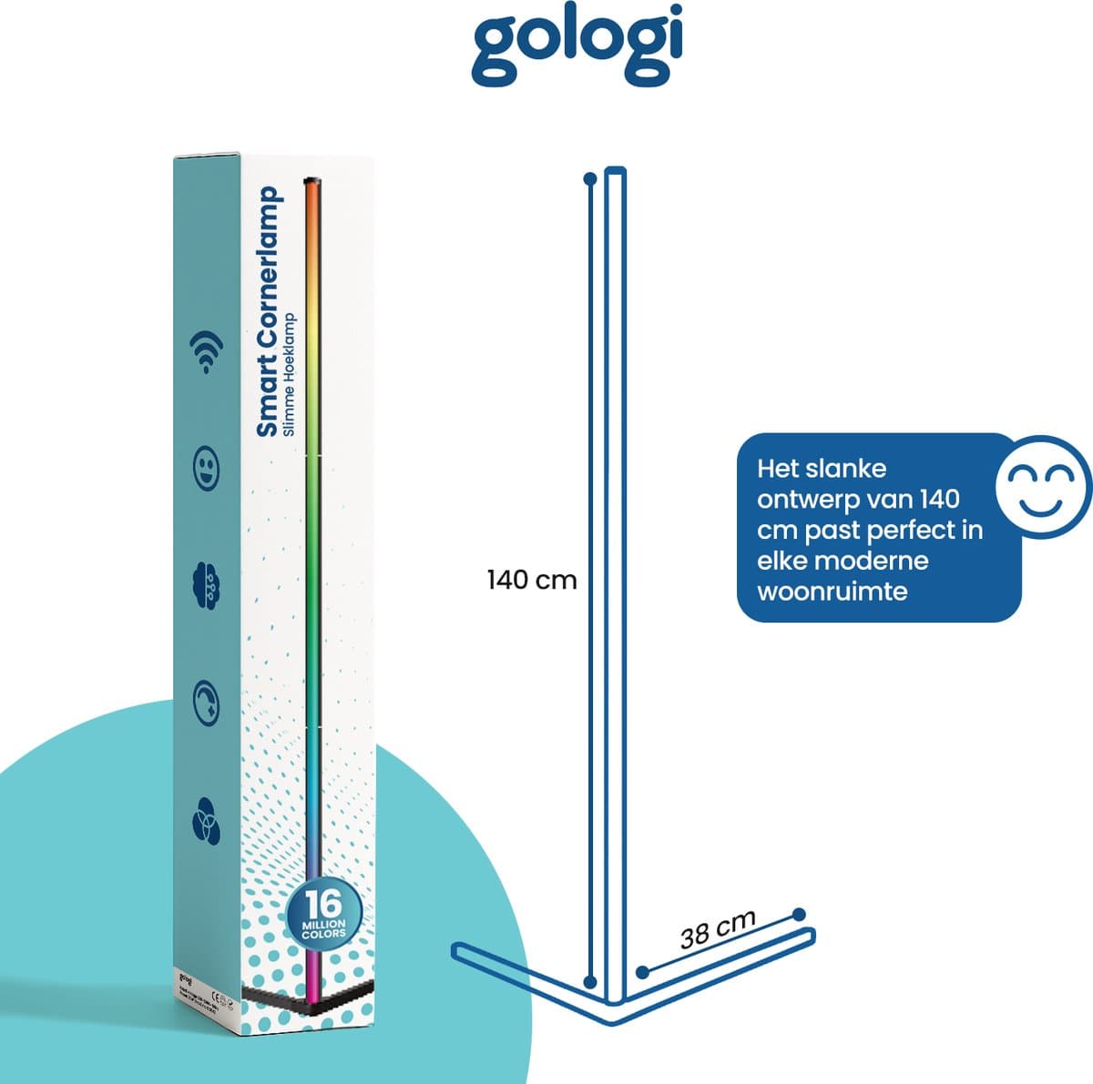 Gologi Slimme Vloerlamp LED - Hoeklamp - Industrieel - Staand - Woonkamer - Dimbaar - Spraakbediening - RGBW - Met App - Zwart thumbnail 5