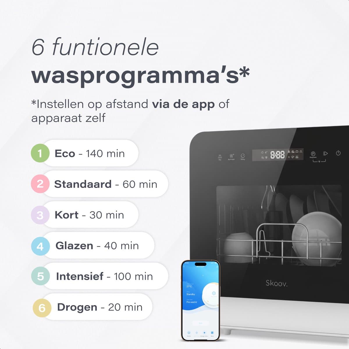 Skoov Mini Vaatwasser met waterreservoir - 3 couverts - 7 wasprogramma's - Kleine smalle vrijstaande afwasmachine - Camping - Wit thumbnail 8