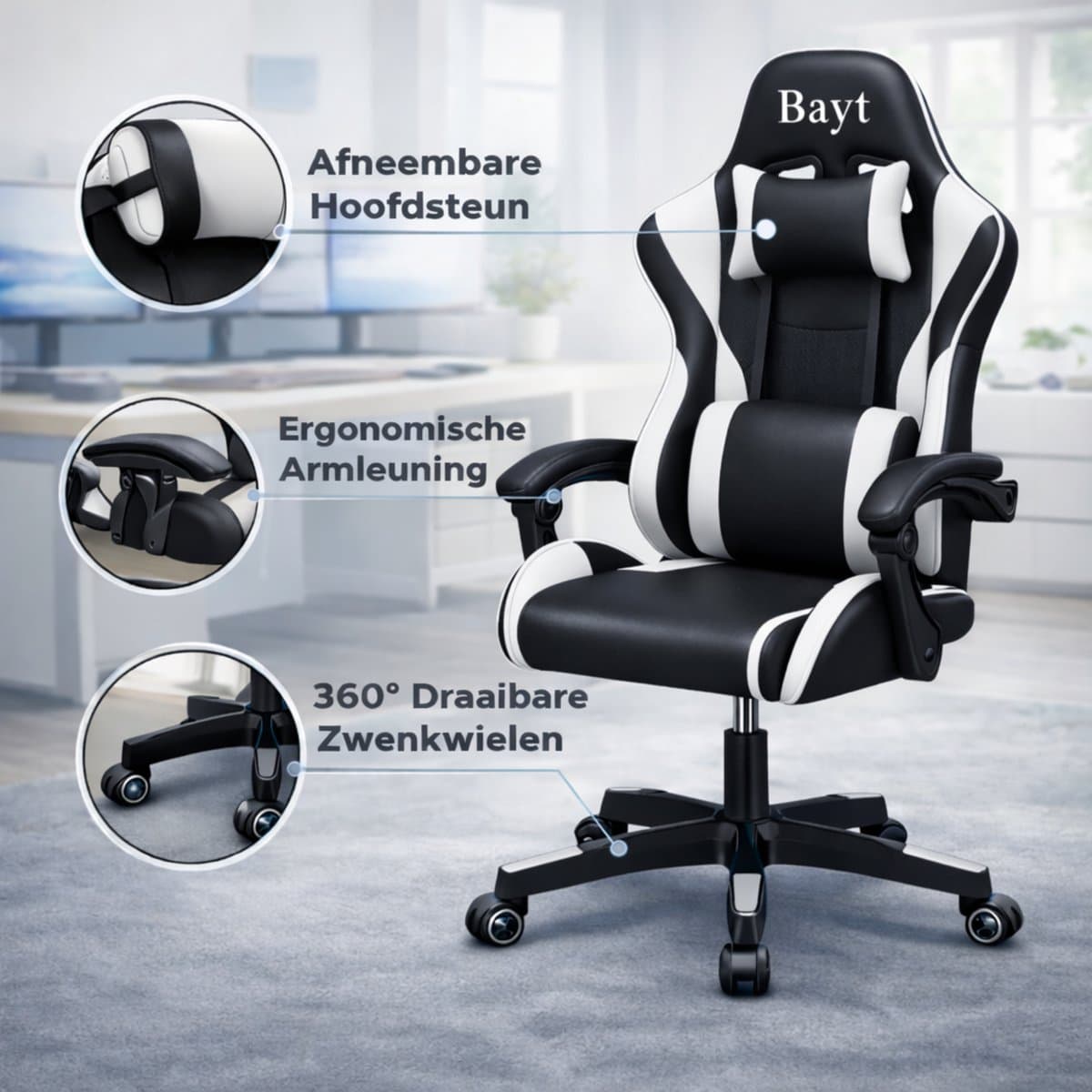 Bayt Gamestoel - Gaming chair - Gamingstoel - Verstelbare rugleuning - Comfortabele game stoel - Zwart en wit thumbnail 3