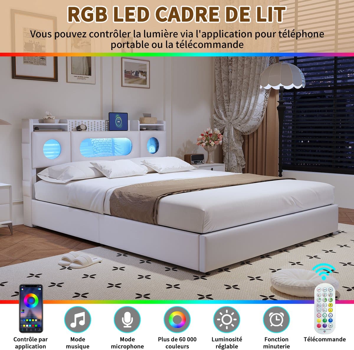 Gasveerbed 160x200 cm met LED-hoofdbord, USB en Type-C, opbergvak en opbergruimte onder het bed – ideaal voor lezen, ontspannen en opladen – Wit thumbnail 6
