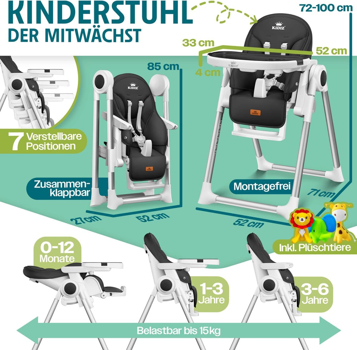 KIDIZ® 3in1 kinderstoel incl. speelbar, Eetstoel, Babystoel, combinatie kinderstoel, 7 in hoogte verstelbare rugleuning, meegroei van 0 maanden tot 6 jaar - Zwart thumbnail 7