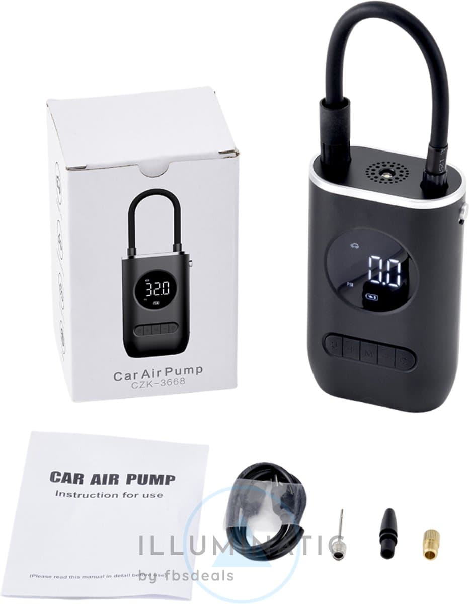 Draagbare Luchtpomp - Elektrische Luchtpomp - Lucht Pomp - Fiets Pomp - Auto Luchtpomp - Elektrische Fietspomp - Bandenpomp - Compressor Bandenpomp - Compressoren - Inflator Pomp - Draadloze Luchtpomp | Illuminatic® | USB Oplaadbaar | Zwart thumbnail 6
