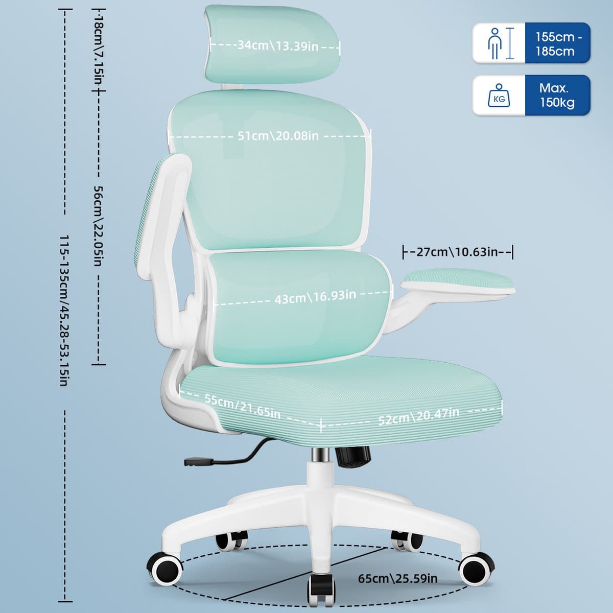 Elekiatech Ergonomische Bureaustoel - Bureaustoel met Opklapbare Armleuningen - Bureaustoelen voor Volwassenen - 150 Kg - Blauwgroen thumbnail 7