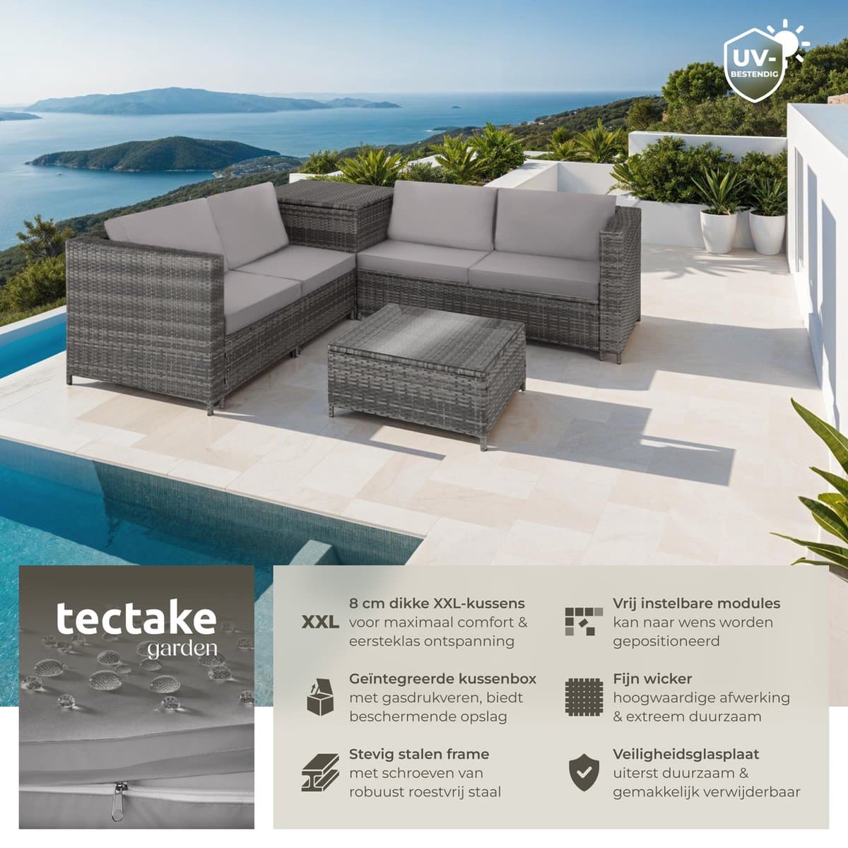 tectake® Wicker zitgroep - Tuinmeubelset - 2 banken met extra dikke kussens - Tafel met glazen blad - Tuinmeubelen voor terras - Tuin - Balkon - Buitenmeubels - Inclusief opbergbox - Maximale belasting bank 200 kg en tafel 45 kg - Grijs thumbnail 7