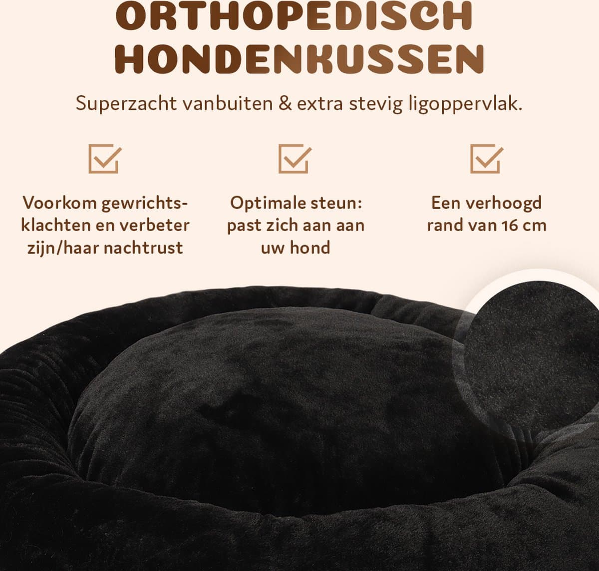 Pet Perfect Orthopedische Hondenmand – Donut Hondenmand – Hondenkussen – Hondenbed – Wasbaar - 80 cm - Zwart thumbnail 6